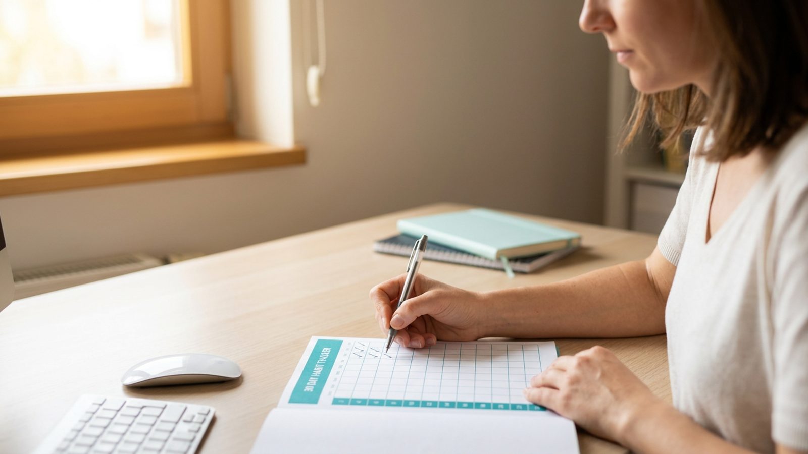 Woman at a home desk marking a completed habit on a printed teal-and-white 30-day tracker, warm morning light from a nearby