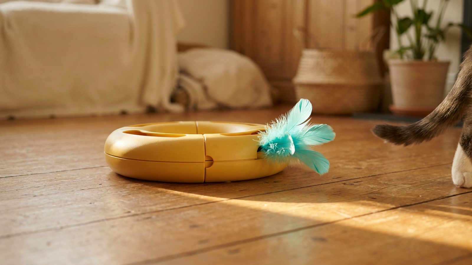 A modular cat toy resting on a living-room floor in late afternoon sun