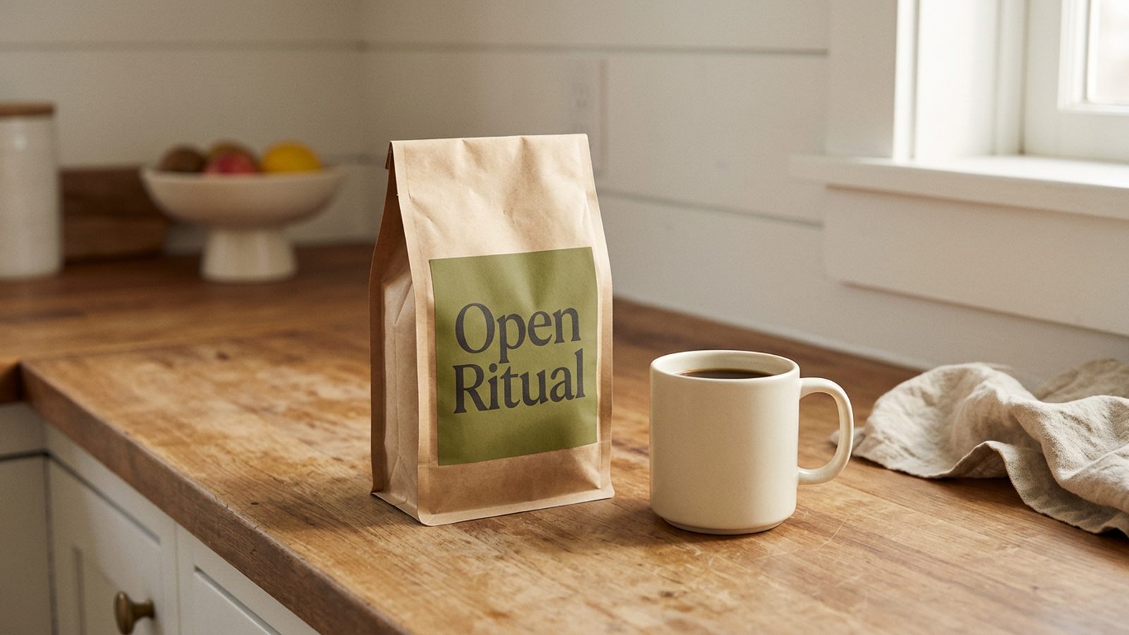 A single matte coffee bag with a kraft and olive label standing on a worn wooden kitchen counter in soft morning light, a folded linen cloth beside it