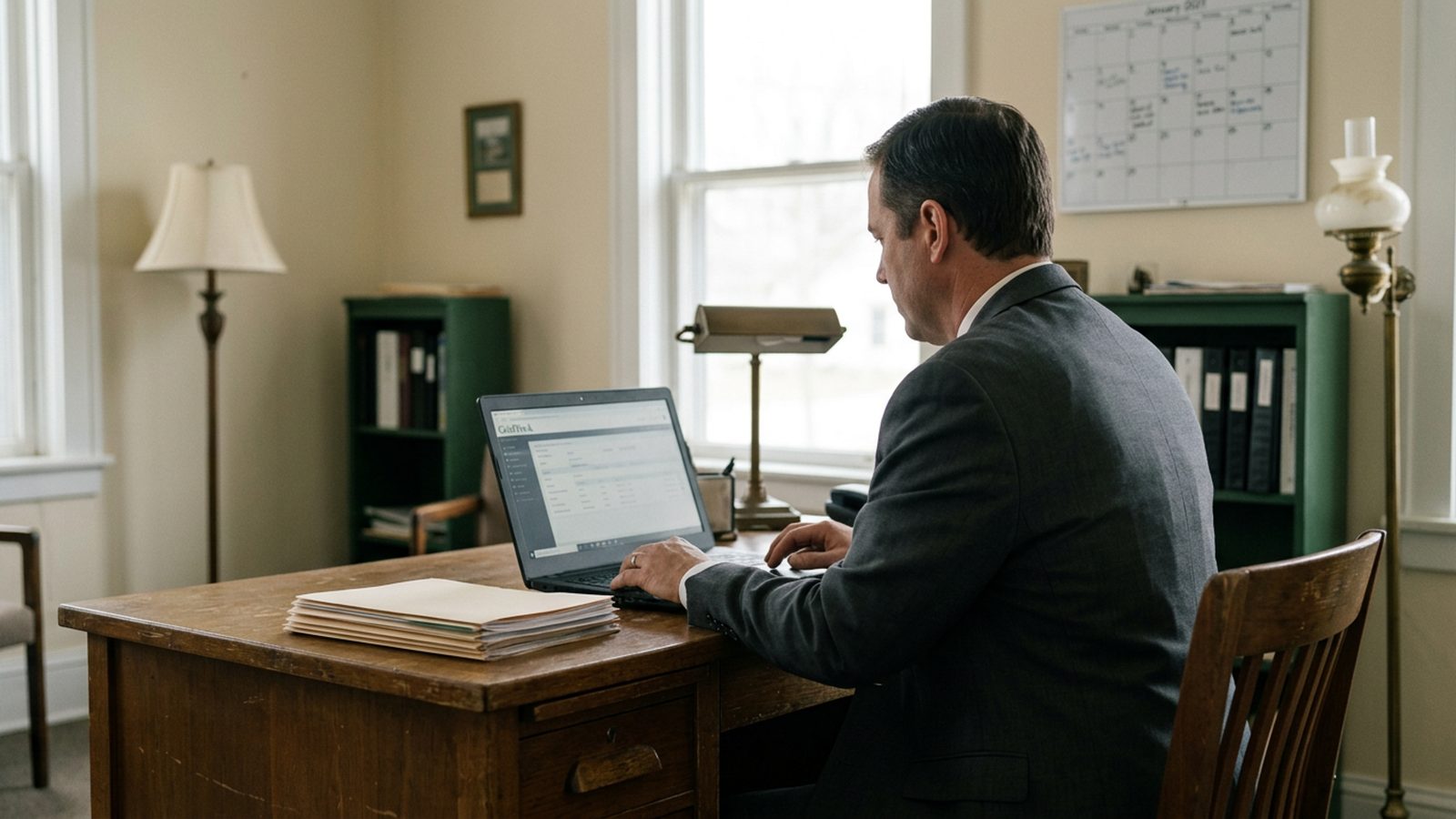 A funeral director's quiet office, where the day's family check-in calls are made.