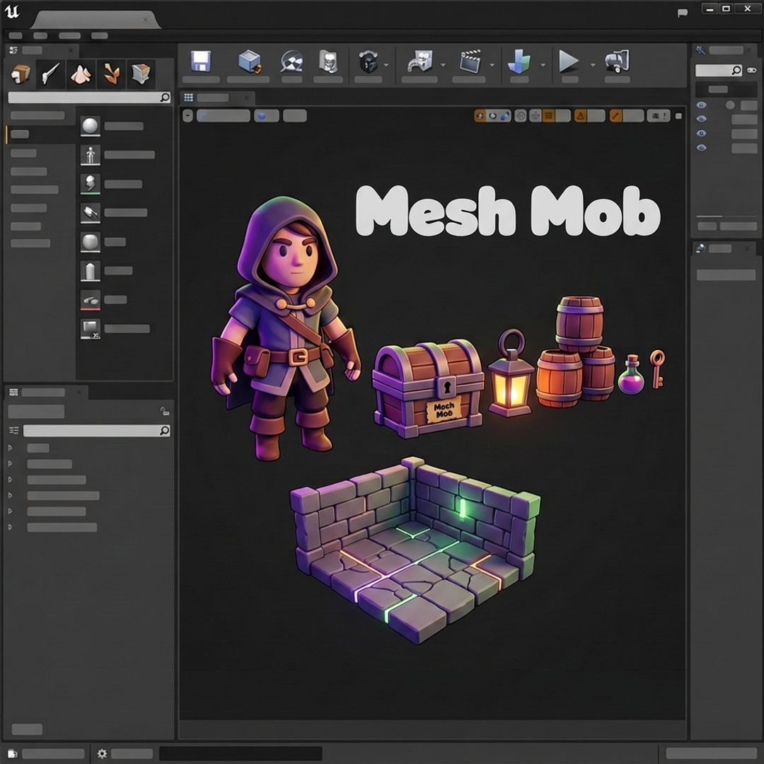 Full Style Pack preview: one animated character, matching props and a tile set