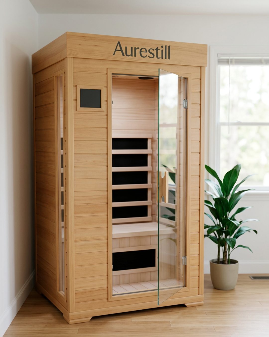 A light-wood infrared home sauna cabin in a bright, tidy room of a home, with an emerald houseplant beside it and daylight from the window