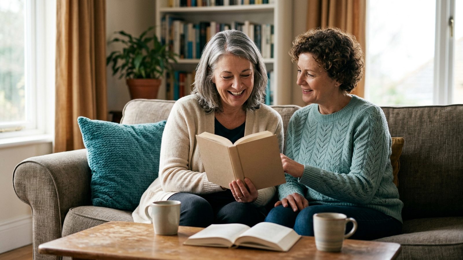 Two friends sitting close together by a window, heads bent over an open novel and talking.