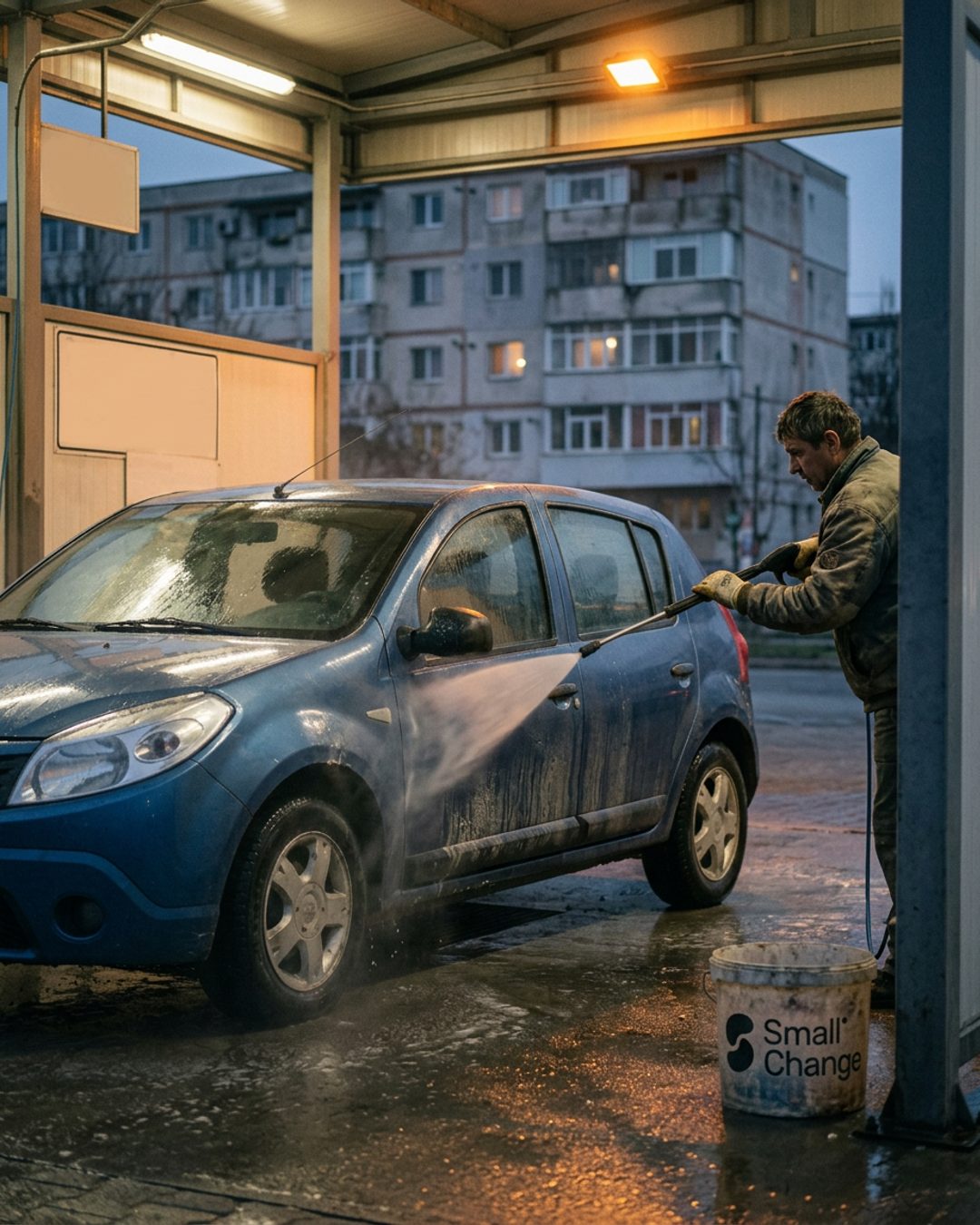 Mașină acoperită de spumă, spălată cu jet într-un box de spălare auto self service