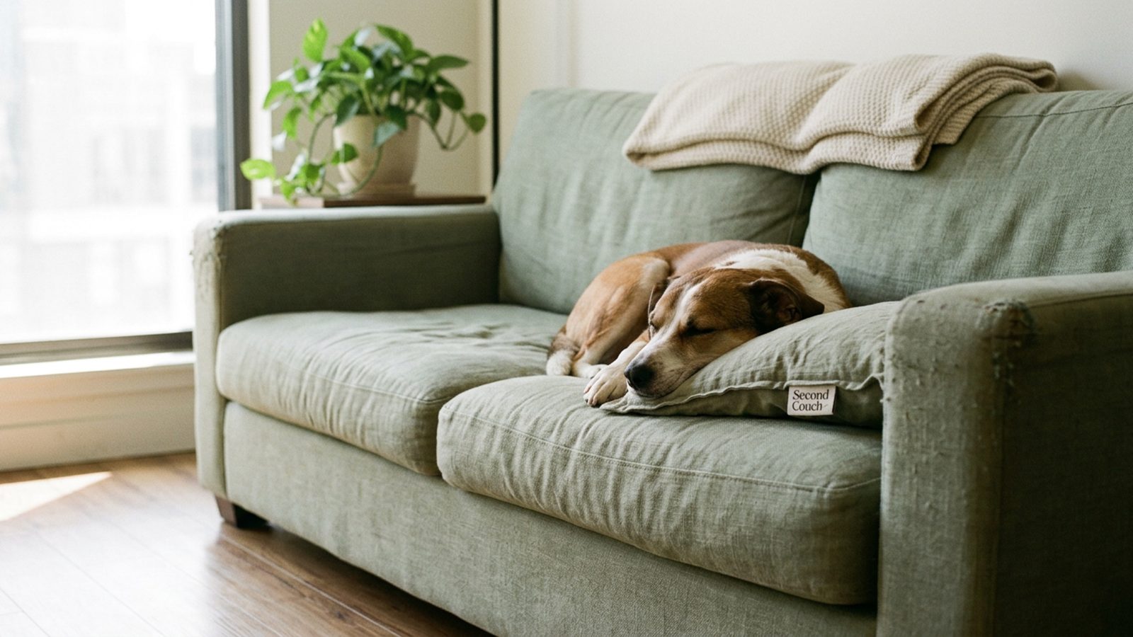 Two dogs resting on a worn sofa and a floor cushion in an ordinary city living room, lit by soft late-morning window light