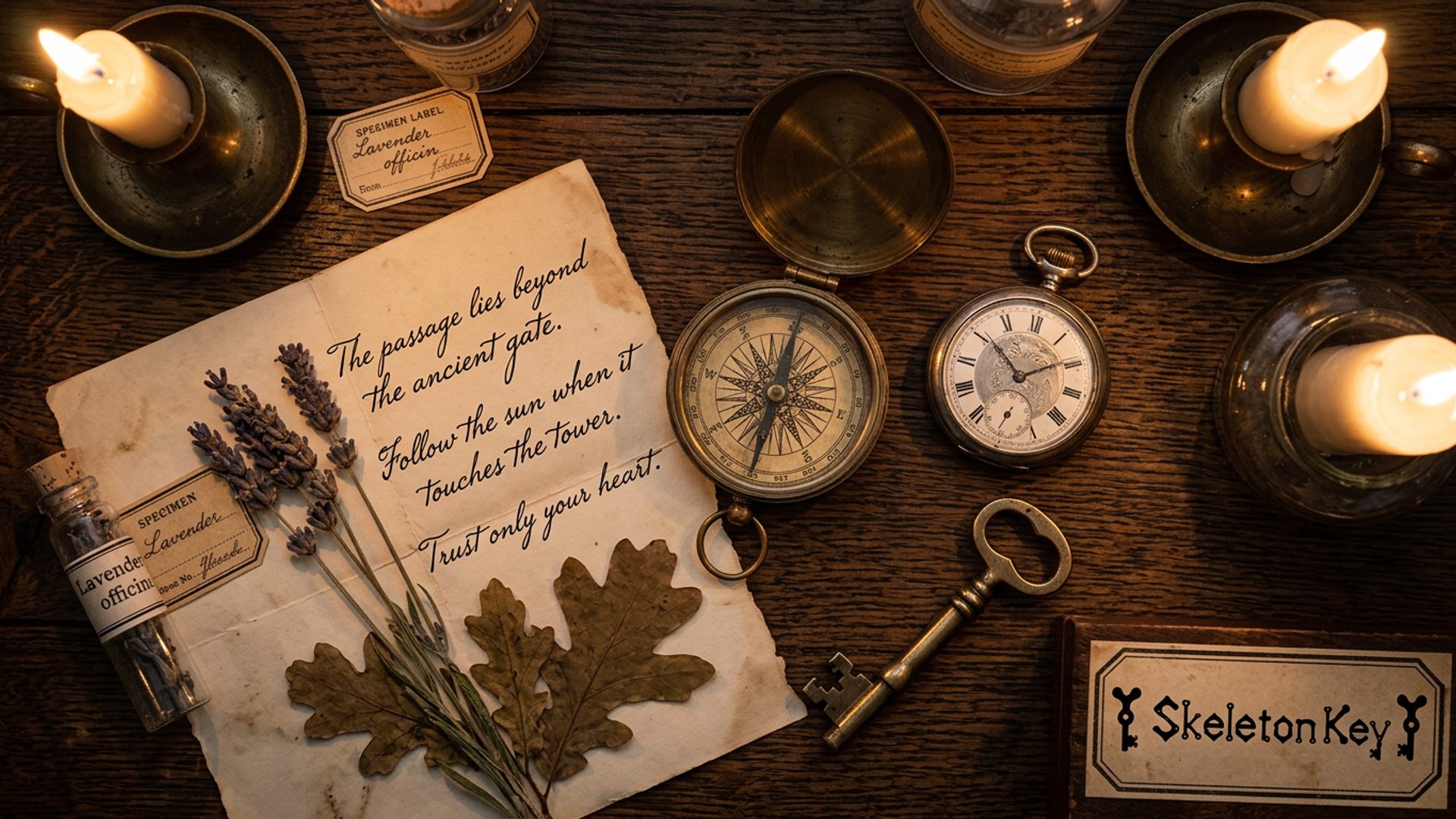 A flat lay of Victorian-era curiosities: brass compass, pocket watch, magnifying glass and specimen labels on aged dark wood, lit by warm candlelight.