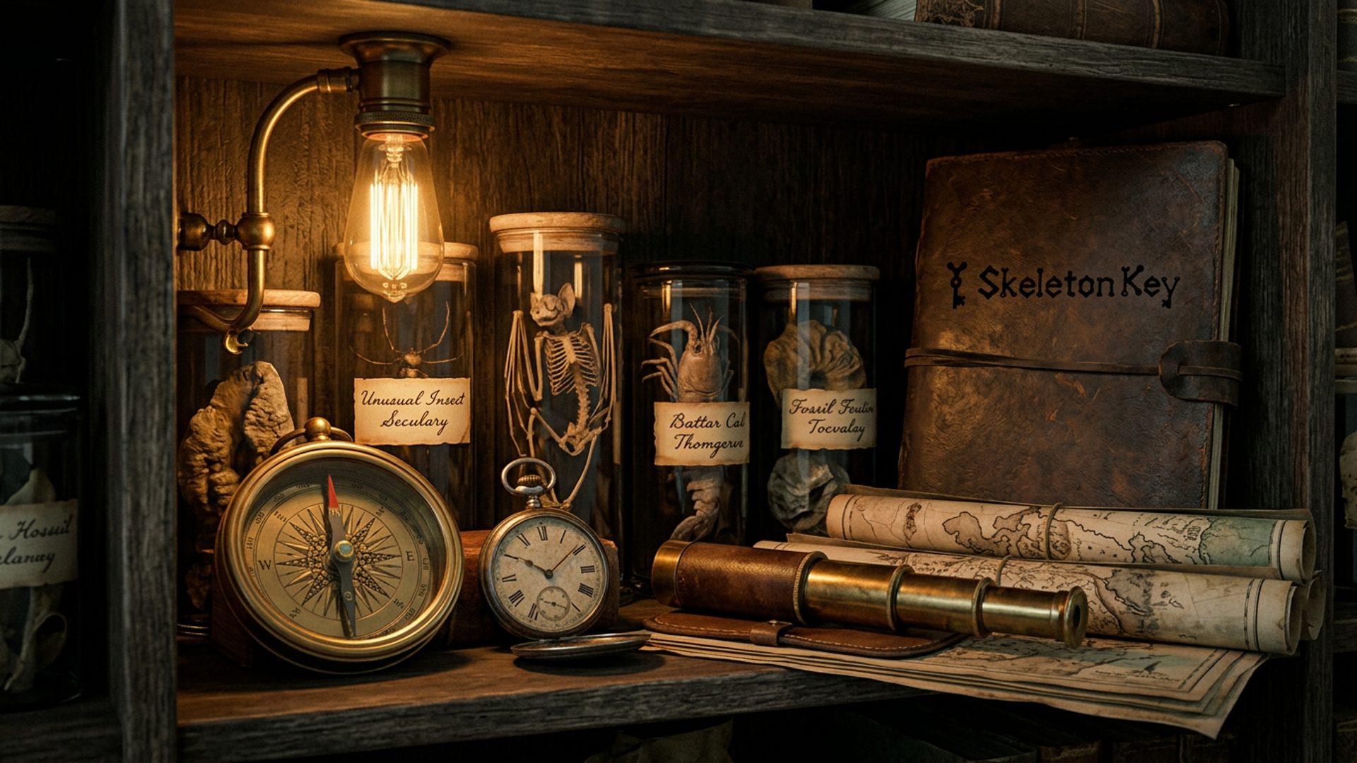 A cabinet of curiosities: brass compass, pocket watch, specimen jars and old telescopes on aged dark wood, lit by a warm amber lamp