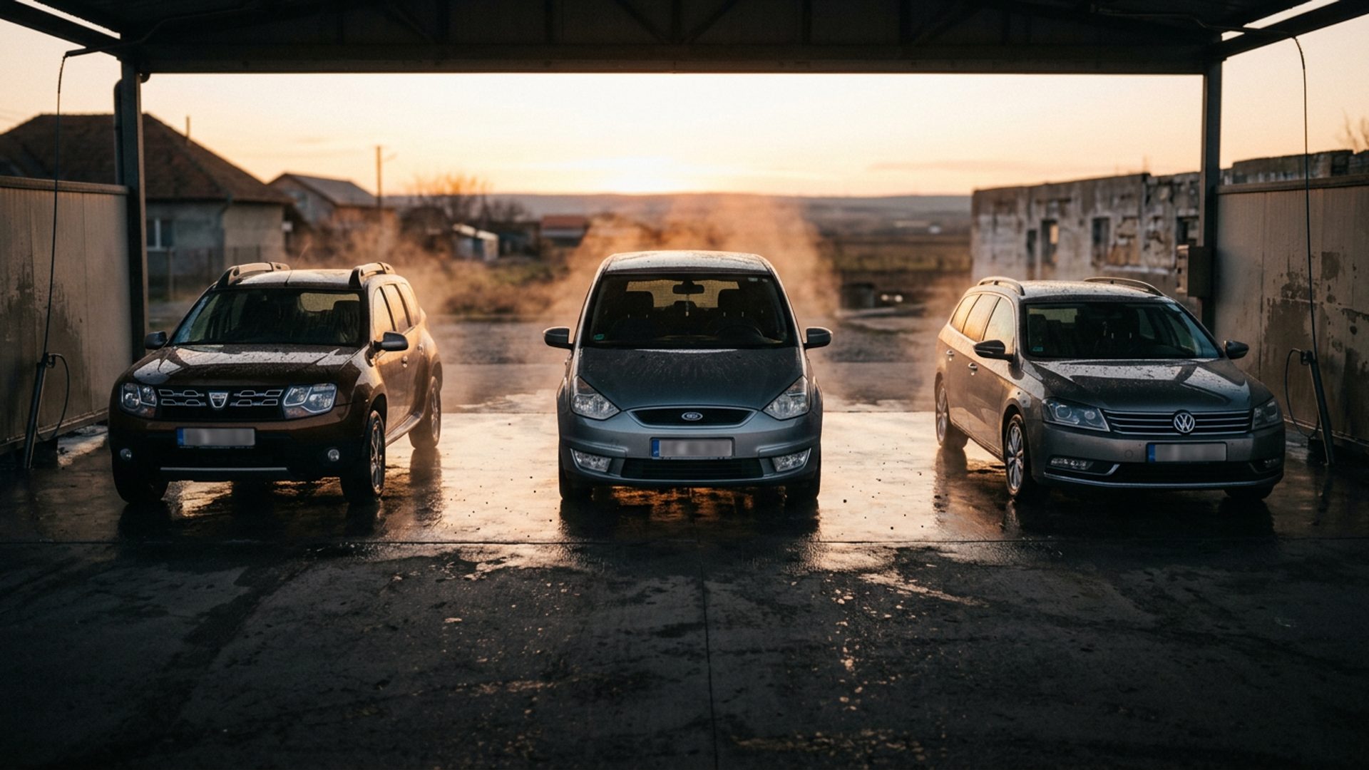 Un monovolum și un SUV compact de familie, parcate unul lângă altul în boxa de spălare, uscate de mână, cu apa perlată pe vopsea în soarele jos de seară