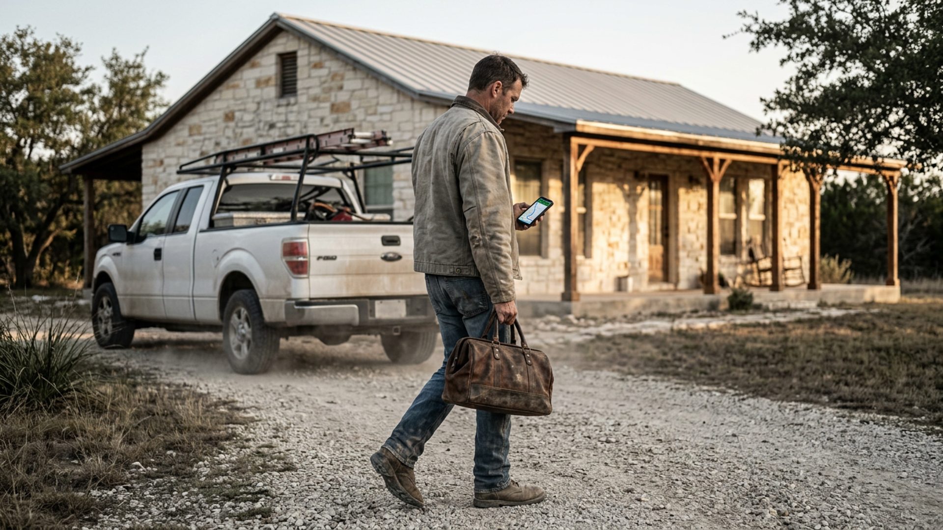 A contractor arriving at a Central Texas home, tool bag in hand, limestone facade in the background