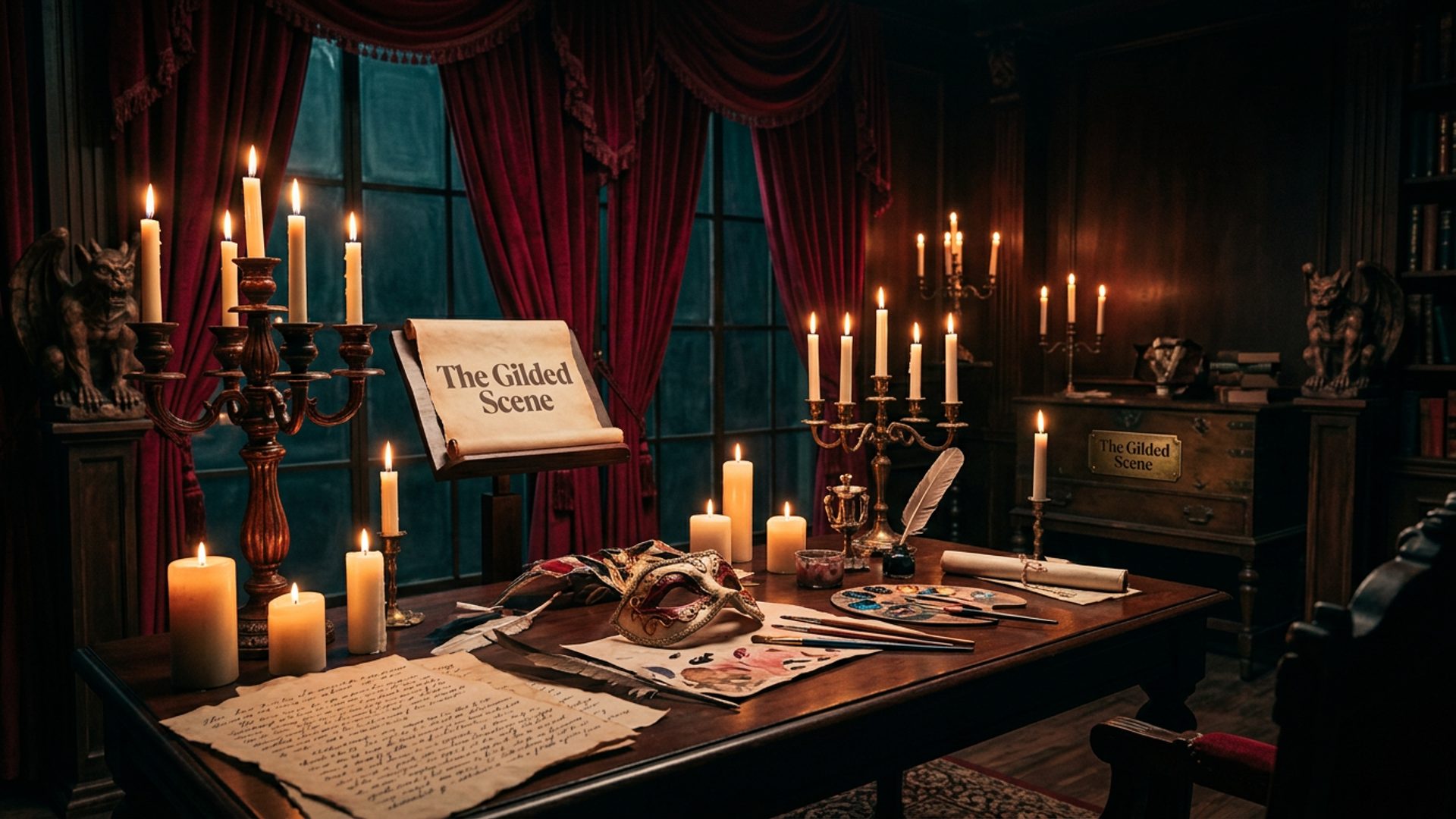 Costumed guests crafting painted night masks in a candlelit theatrical studio