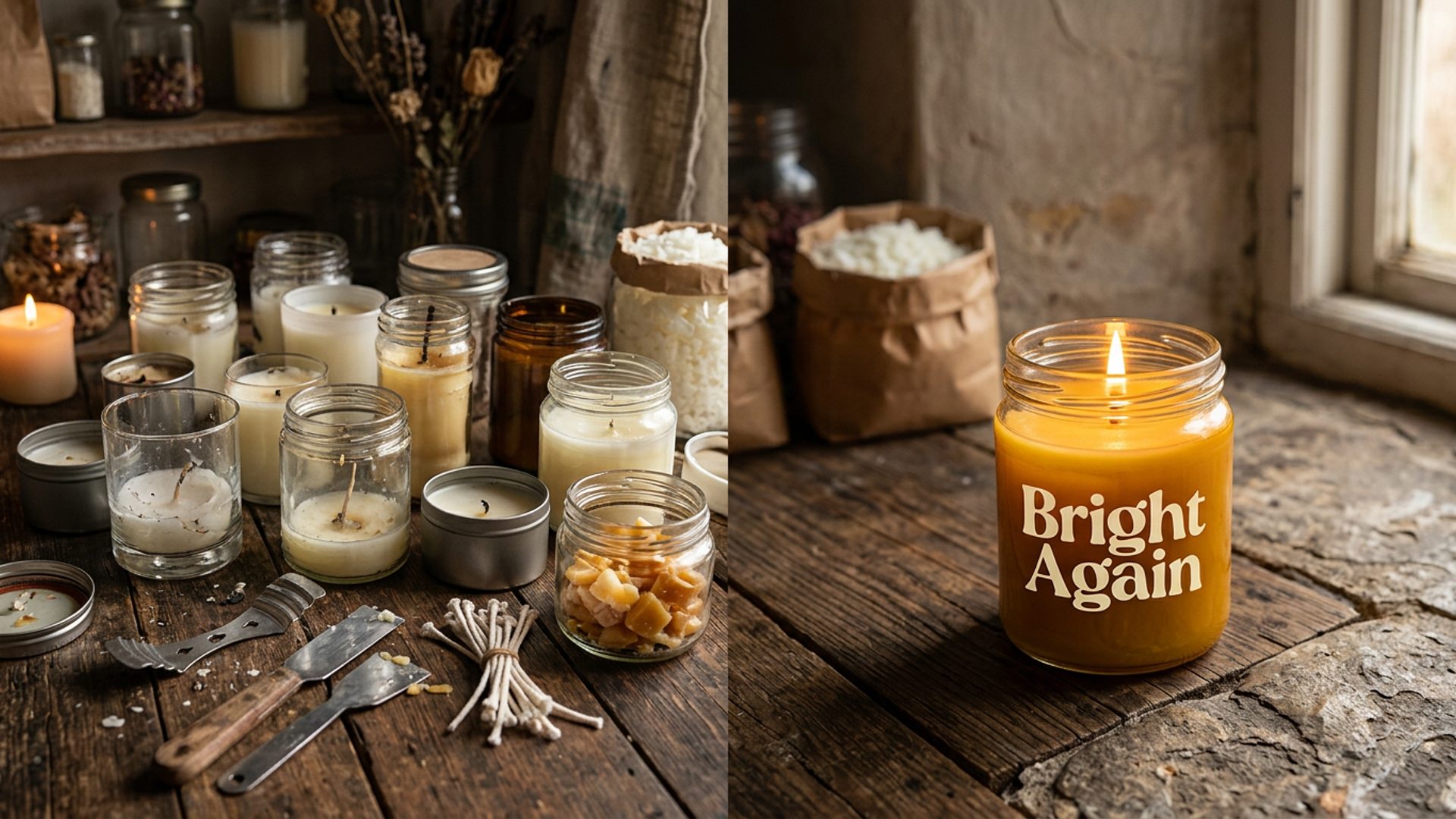 Spent candle jars collected in a tray beside a warm pour of reclaimed wax into a clean recycled glass jar, lit by a low amber light