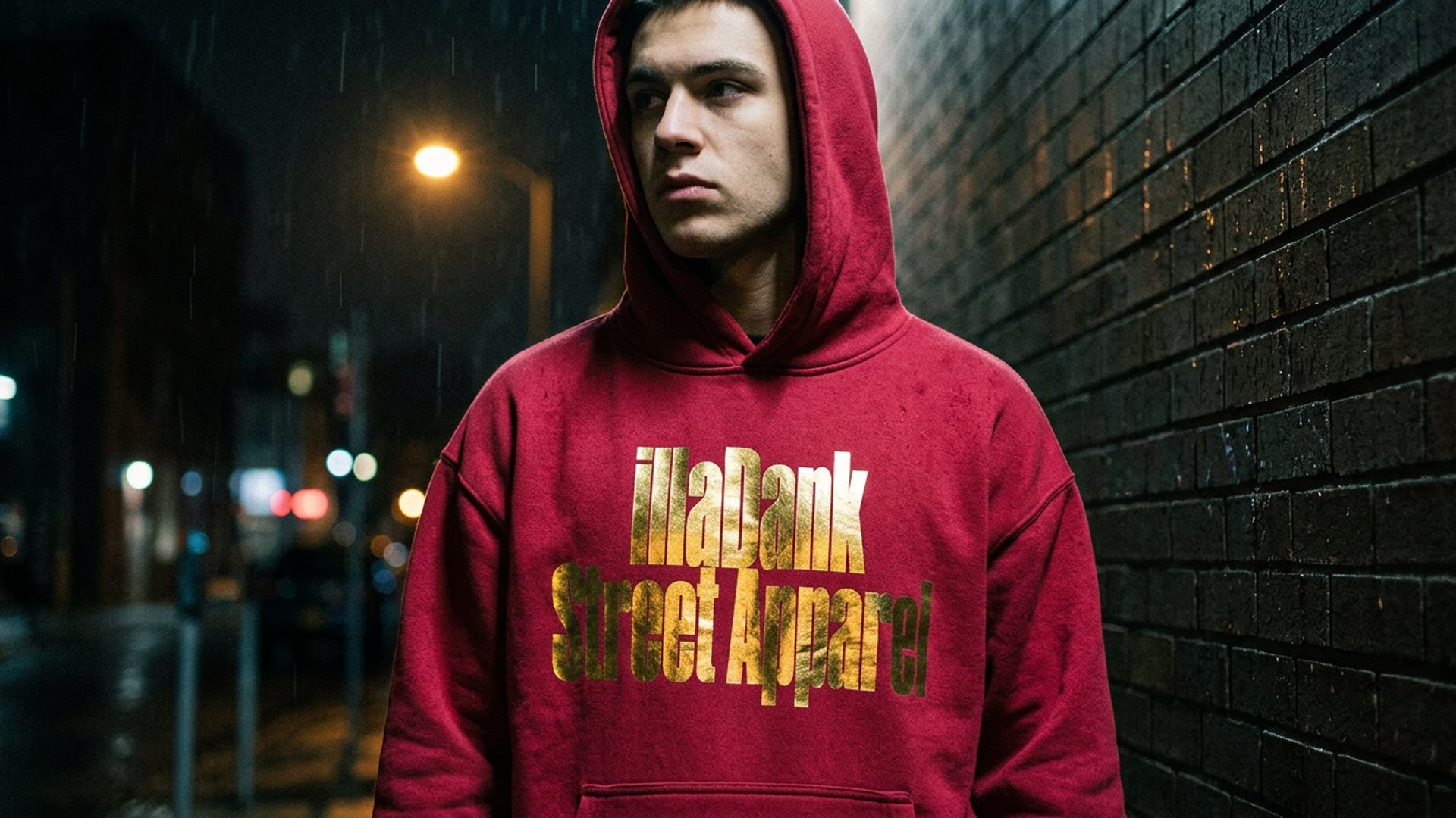 Banger Alarm Hoodie worn in an urban alley at night — crimson and gold graphic, cold shadow grading