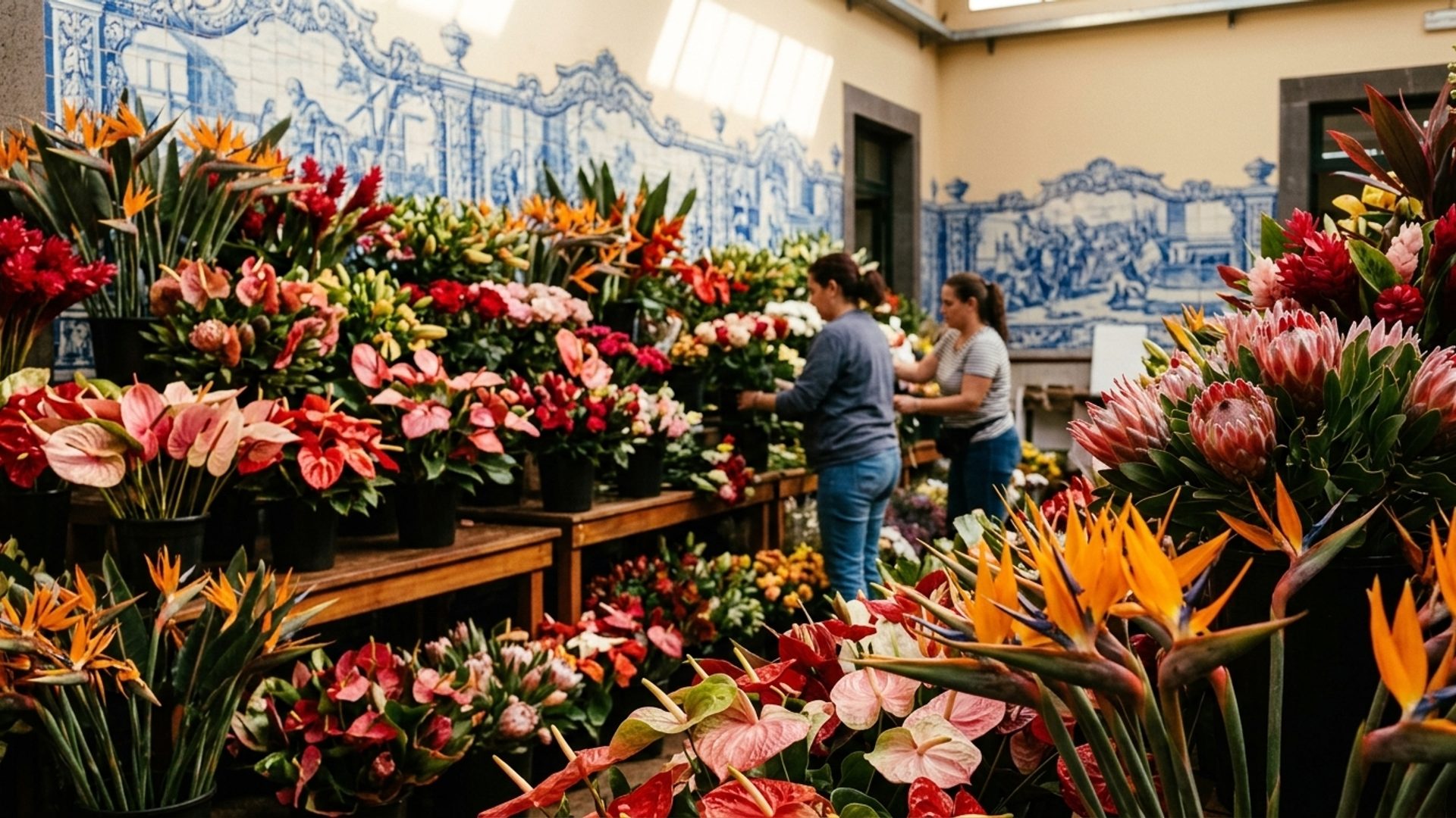 Mercado dos Lavradores at morning light — fresh tropical fruits and flowers arranged across the market stalls in Funchal