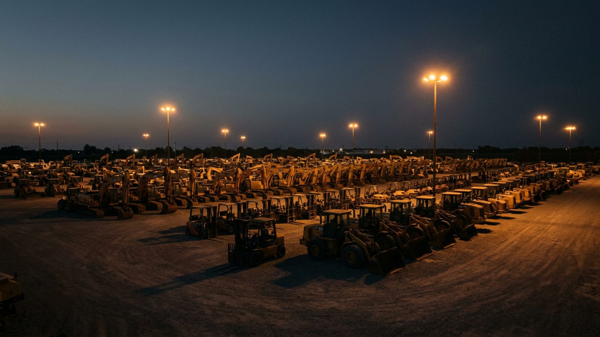 Heavy equipment yard at dusk, rows of machinery silhouetted against an amber sky