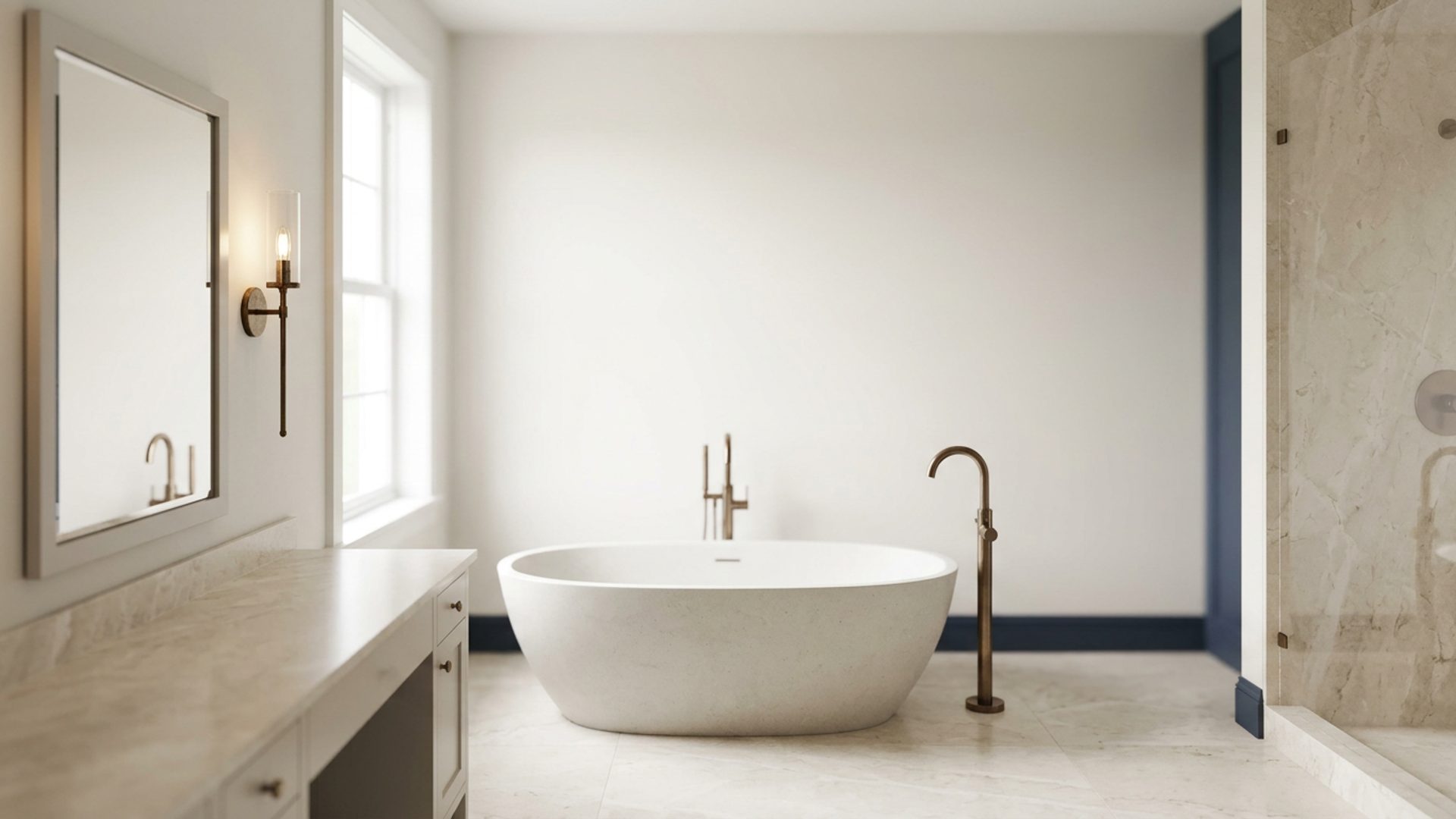 A finished bathroom with honed stone surfaces, installed fixtures and vanity lighting