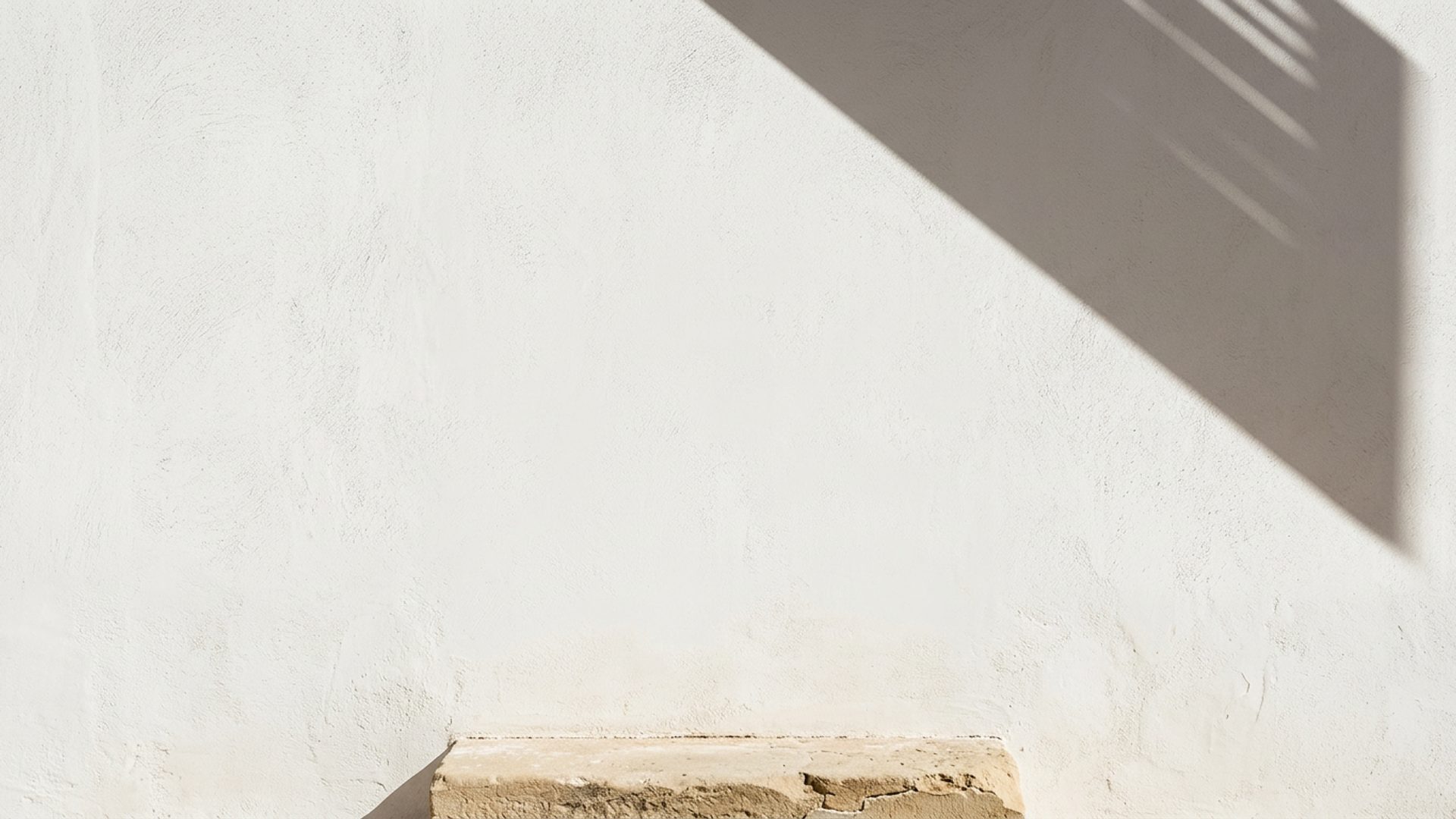 A sunlit lime-wash wall in hard noon light, pale and chalky, with soft shadow across its surface