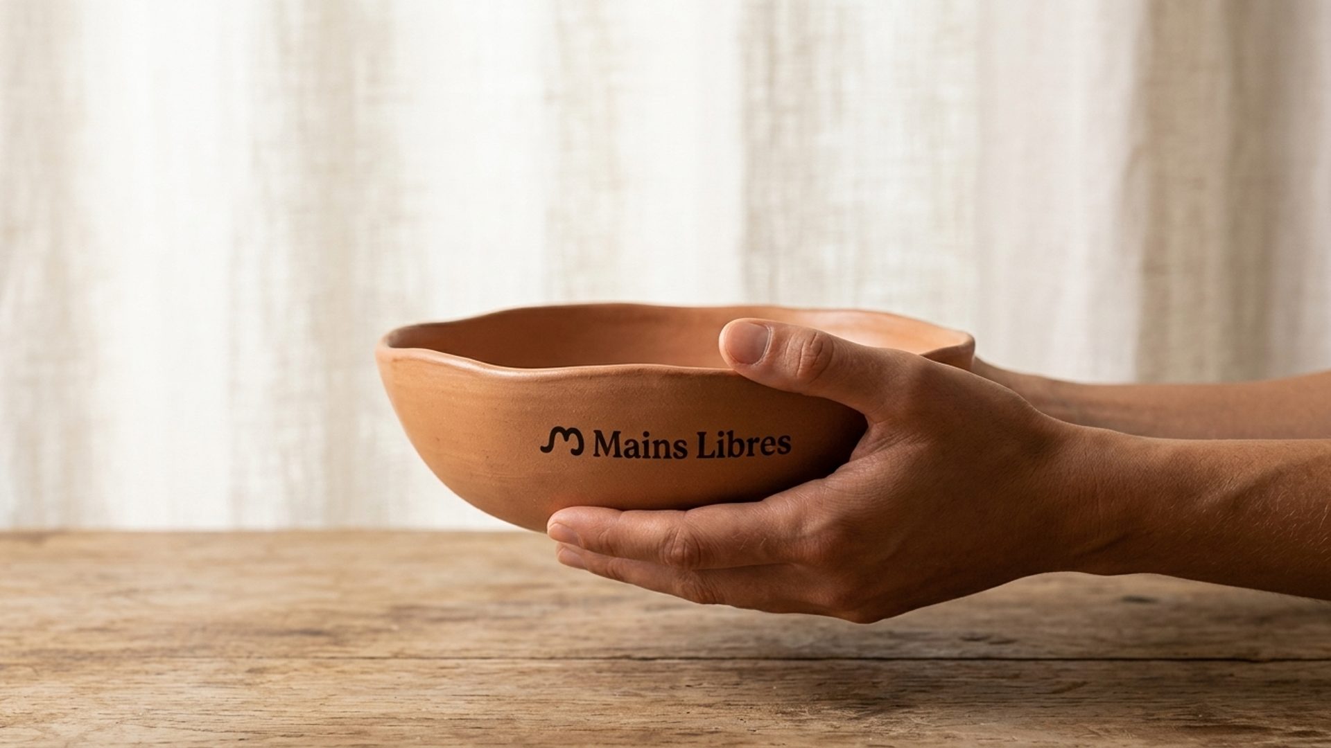Céramiques artisanales façonnées à la main par des makers lyonnais — mugs, bols et vases en grès sur un tissu de lin naturel