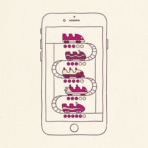 Hand-drawn phone showing a ladder of five stacked coaster cars with circled rungs