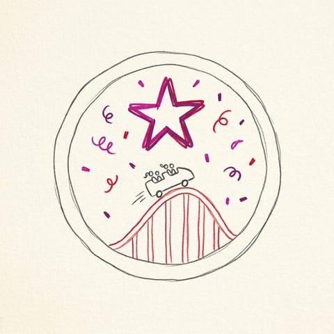 Hand-drawn round badge with a star and a coaster car on a lift hill, surrounded by confetti scribbles