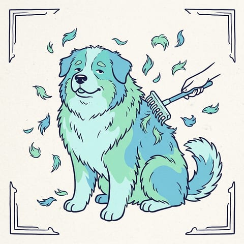 Drawn illustration of a rake and loose tufts of fur for de-shedding a double coat
