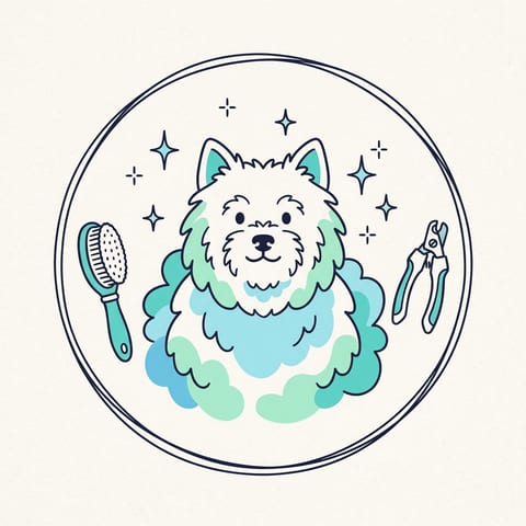 Drawn illustration of a fluffy dog freshly styled after a full groom, with sparkles, a brush and clippers