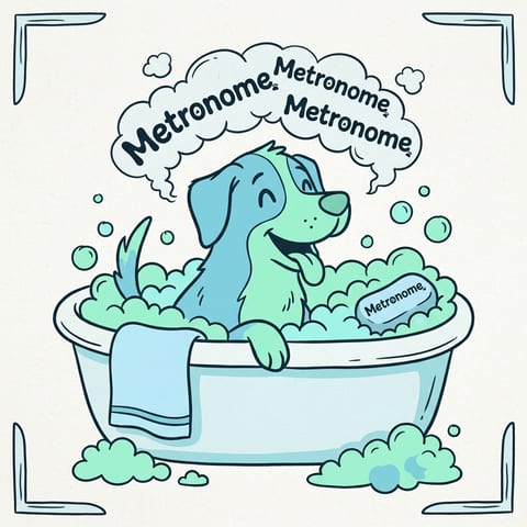 Drawn illustration of a happy medium dog in a bath with soap bubbles and a towel