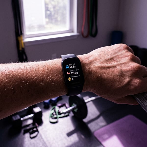 Meridian Band Body Edition worn on wrist, body composition metric displayed