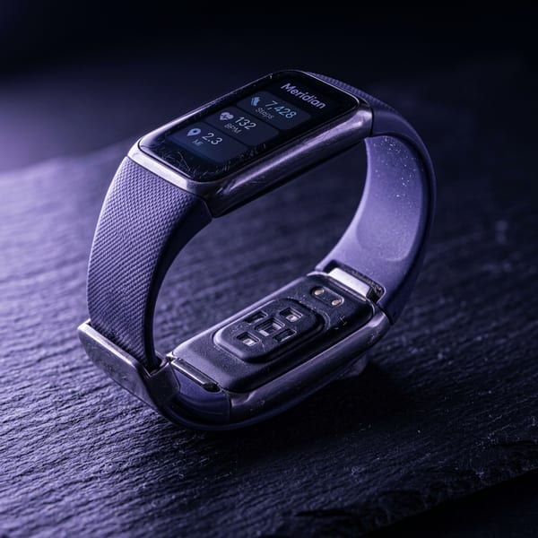 Meridian Band Core on a dark textured surface with violet sidelight