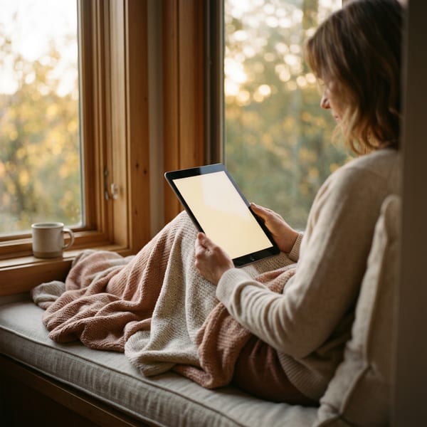 A woman reading Scripture on a tablet at a table in morning light