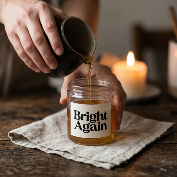 Liquid wax being poured by hand into a clean recycled glass jar, warm golden candlelight atmosphere