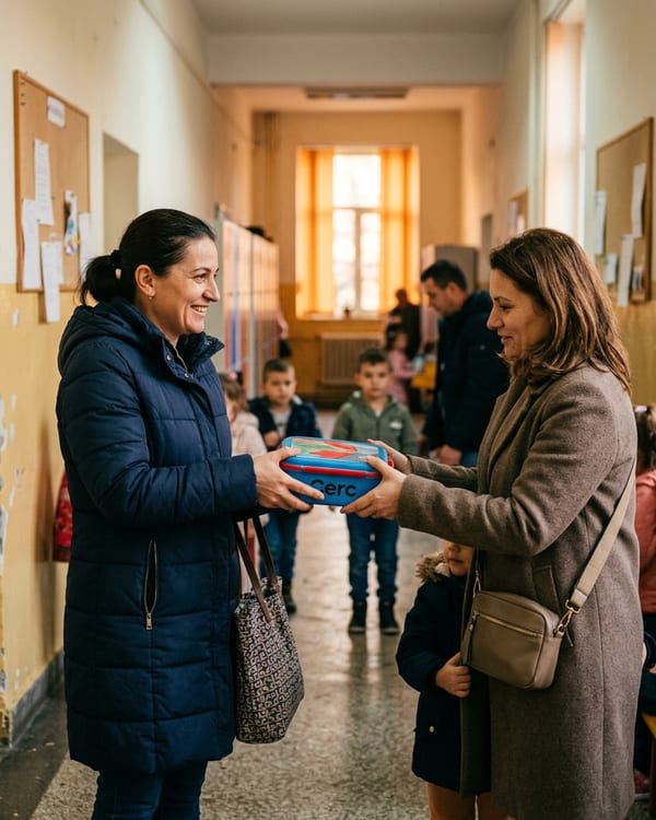 Două mame vorbind în fața școlii, schimbând ajutoare