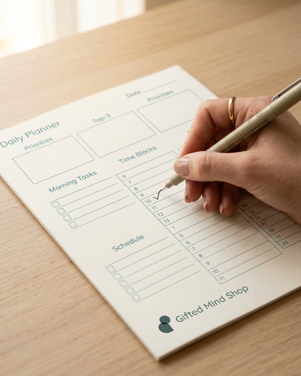 Daily planner template page showing time blocks, a top-3 priorities section, and a brain dump area in soft teal and off-white