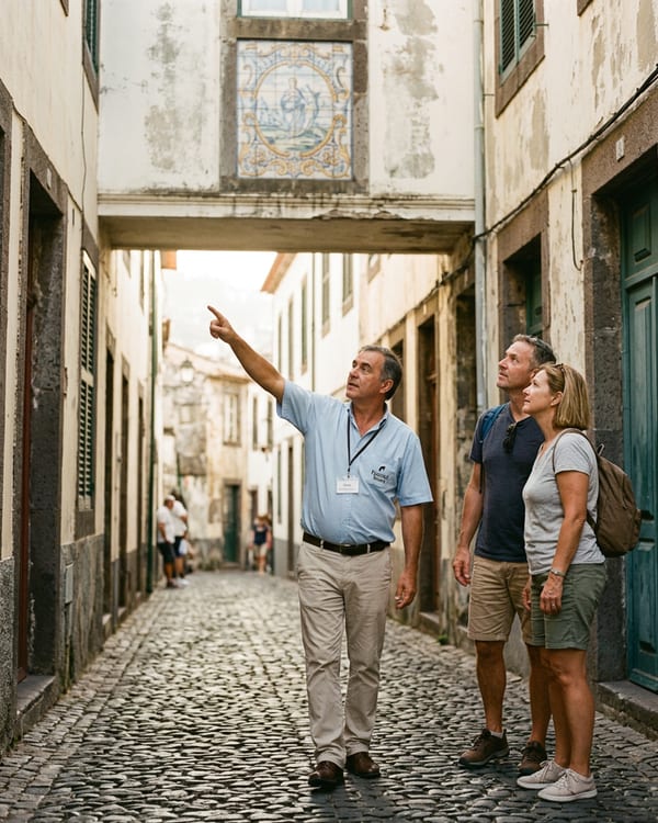 Funchal old town streets during a full-day private walk, afternoon light on whitewashed walls
