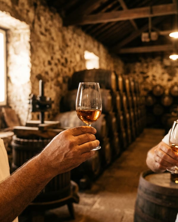 Madeira wine glasses and barrels inside a Funchal lodge cellar during a private wine walk