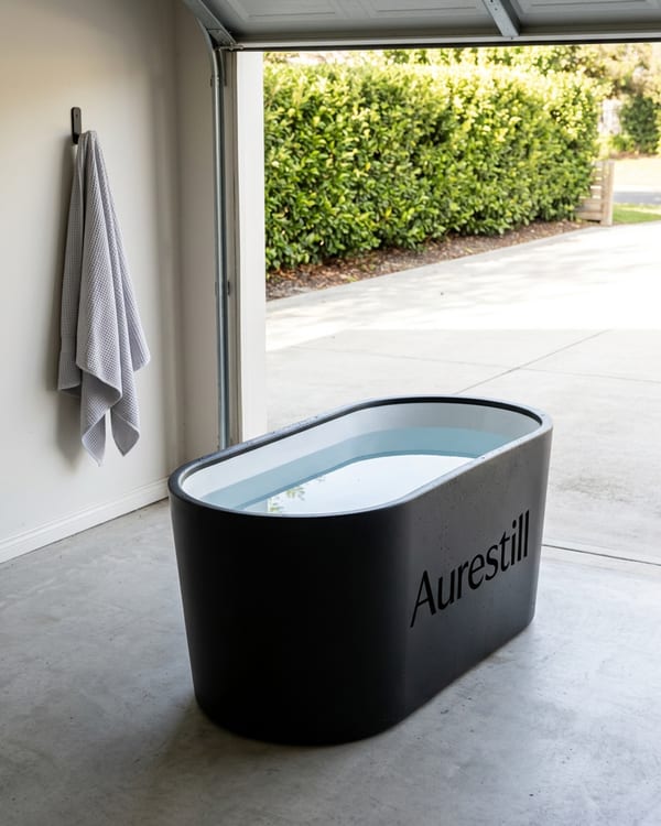 Recovery suite: a cold plunge tub on a clear garage floor beside an open garage door