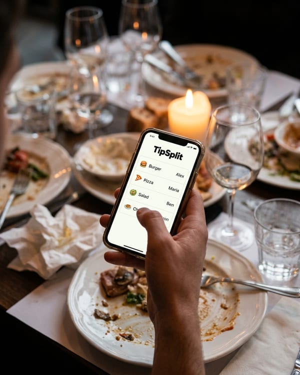 Group of friends around a dinner table assigning items on a phone screen
