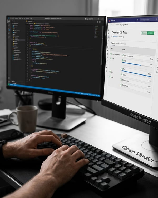 An engineer configuring a CI pipeline on a wide monitor