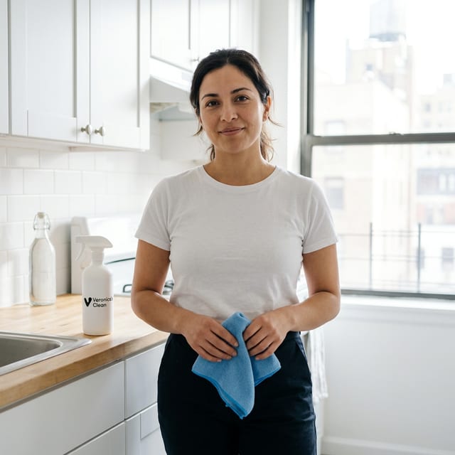 A freshly cleaned NYC apartment with sunlight on the wood floors, a neatly folded microfiber cloth resting on the kitchen counter