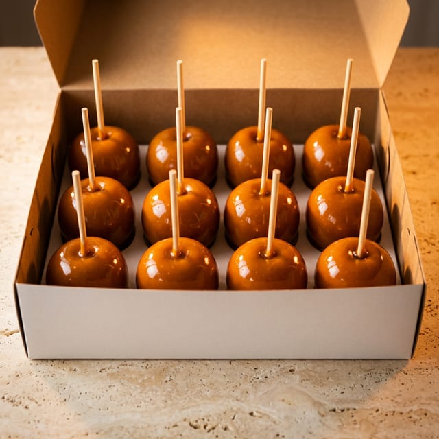 Twelve hand-dipped caramel apples arranged in a grid in a large kraft-and-white gift box, warm amber side light