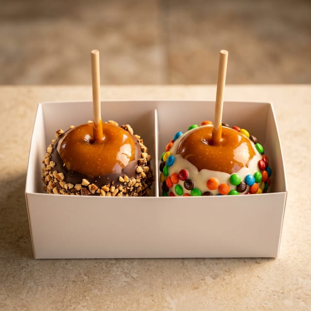 Two glossy hand-dipped caramel apples side by side in a white two-slot gift box, warm amber light