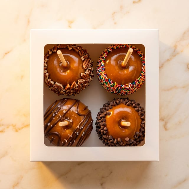 Four glossy caramel apples with distinct toppings in a windowed white gift box, warm amber light