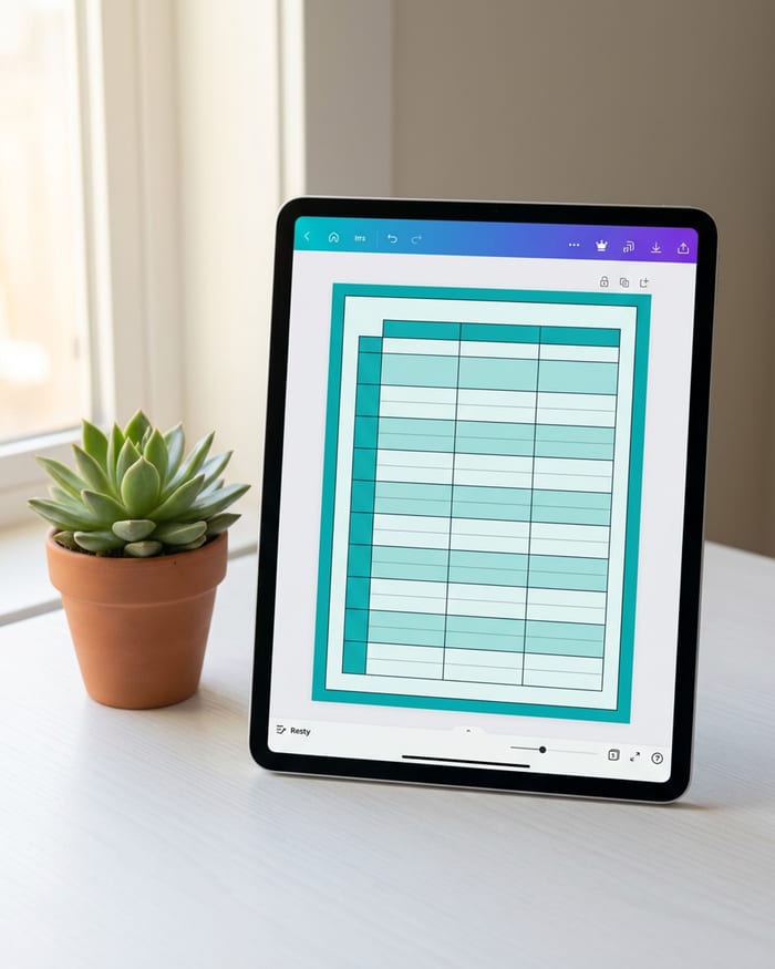 Time-blocking grid template with labeled hourly rows and a priority sidebar in teal and white