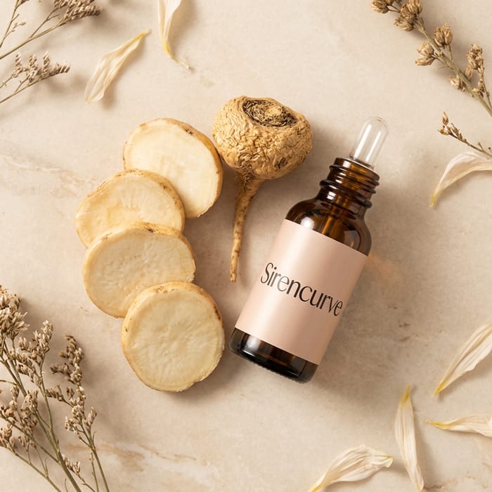Maca root, fenugreek pods, and dried botanicals arranged on a natural stone surface beside a Sirencurve bottle.