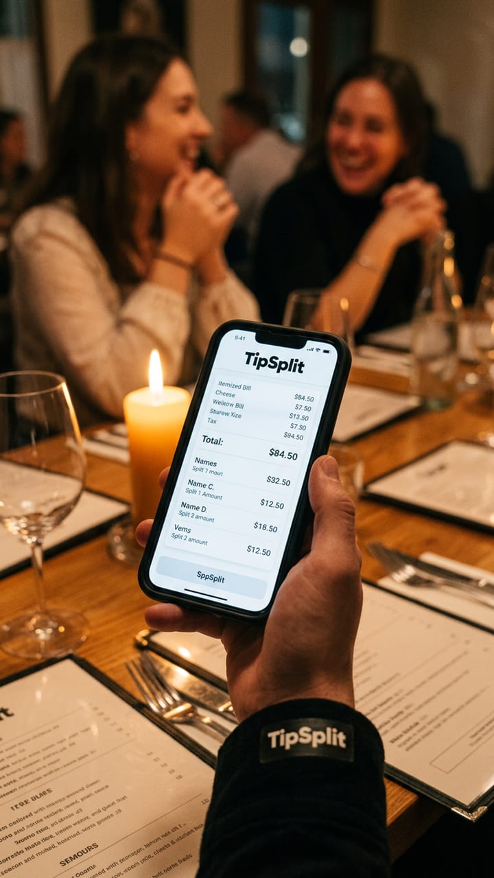 TipSplit app showing a restaurant receipt split between four friends, with per-person totals, tax and tip broken out