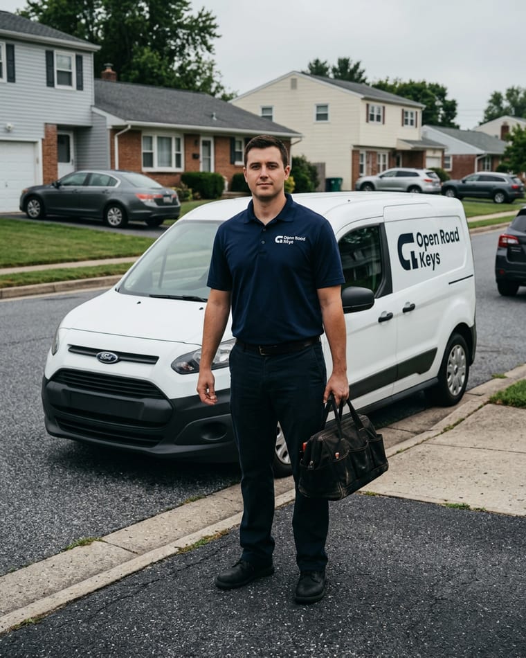 Open Road Keys technician standing beside the service van, ready to dispatch in Wilmington