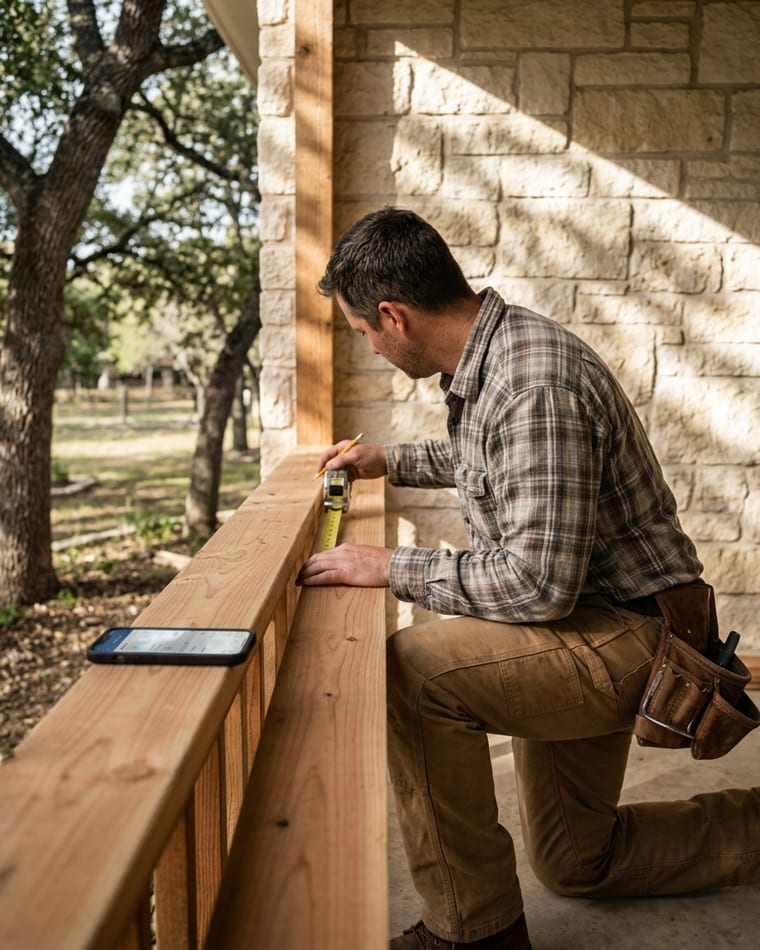 Contractor measuring a wood-framed porch on a Central Texas residential home
