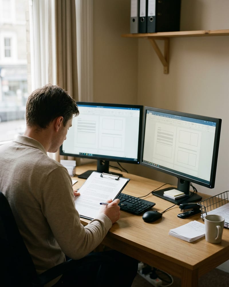 A typing bureau office with typists at workstations and a queue of dictation files on screen