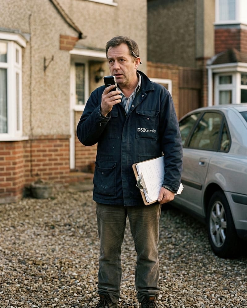 A surveyor on site in a hard hat and hi-vis jacket, speaking notes into a handheld recorder