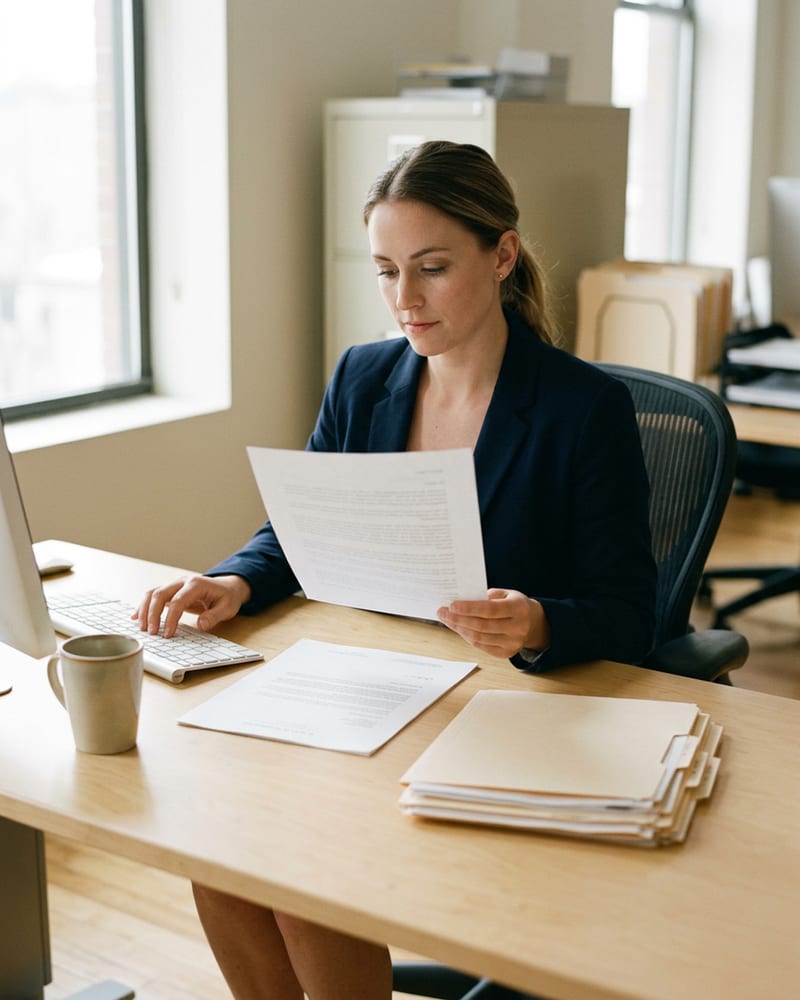 A legal secretary at a desk in a law office, headphones on, typing from a dictation recording
