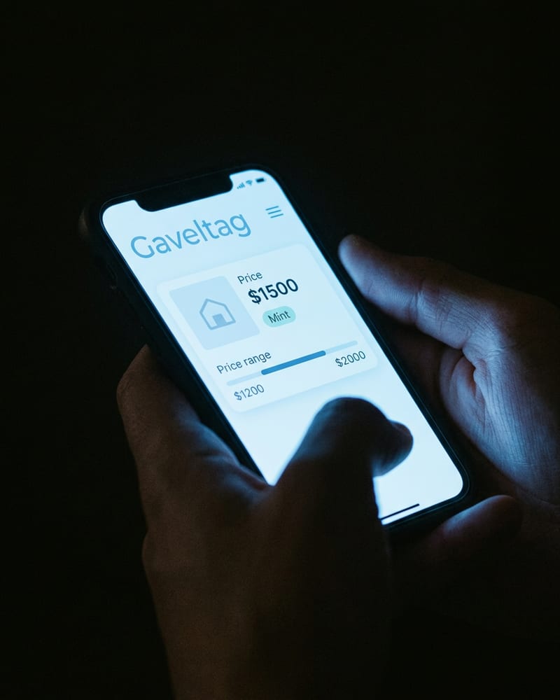 A phone screen glowing in a dark room showing a scan result for a used item